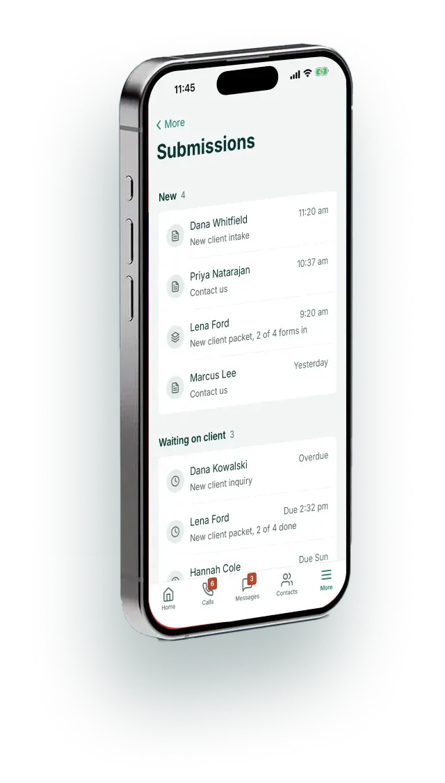 Soli phone app showing new form submissions and who is waiting on a reply